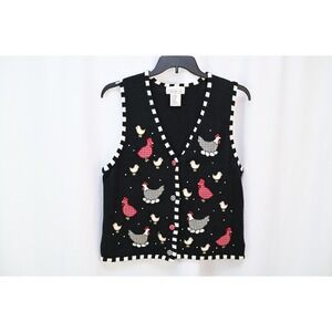 Mandal Bay Chicken Knit Vest Womens Medium Black Ramie Cotton Farmhouse V-Neck